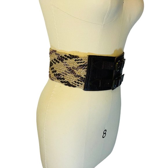 All Saints Wide Woven Jute & Leather Belt Brown Beige Double Buckle sz S/M EUC! - Picture 2 of 4